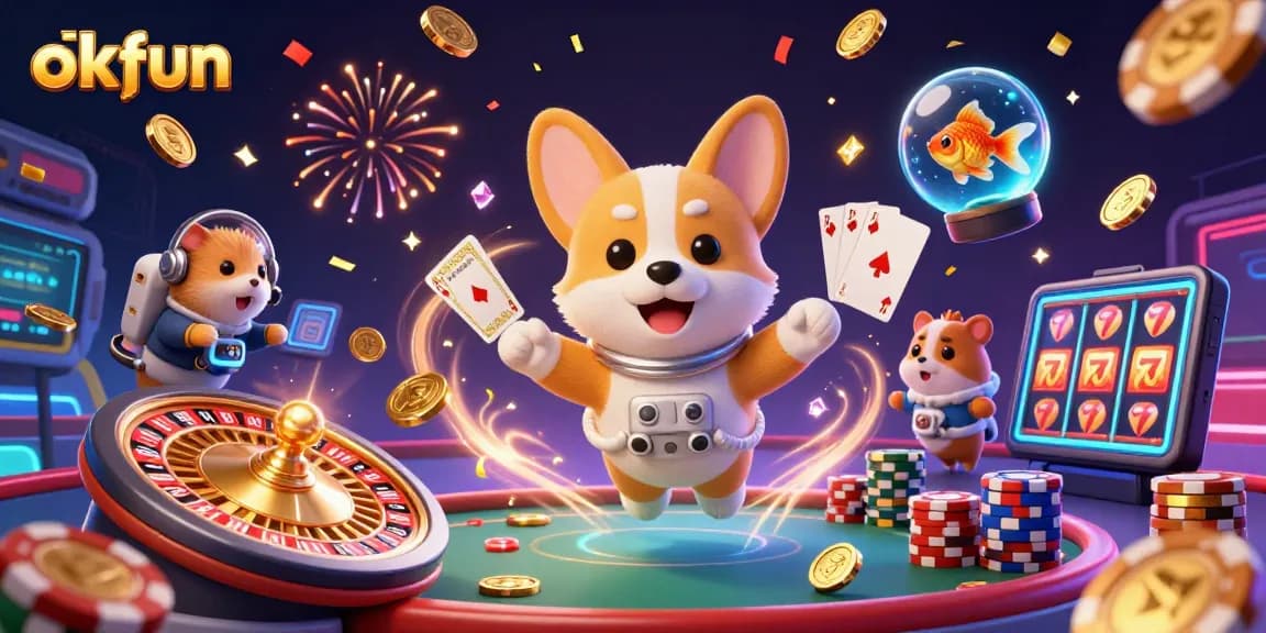 Play exciting casino games at okfun, with vibrant visuals of floating coins and poker chips.