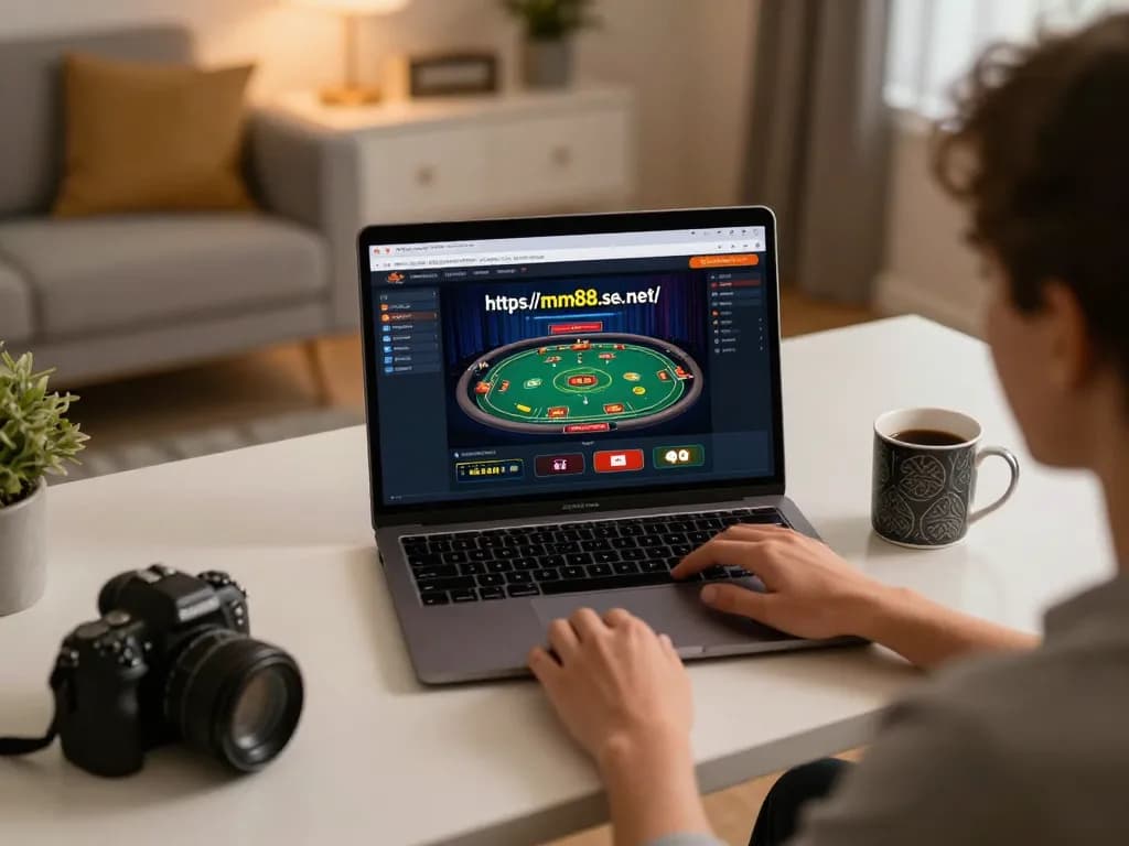 Player engaging in online gaming at https://mm88.se.net/ on a cozy home desk with a laptop.