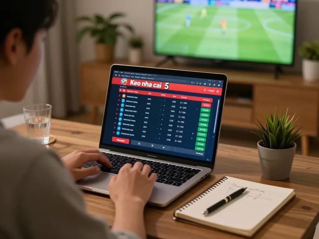 Engaged player analyzing Keo nha cai 5 betting odds on a laptop during sports betting.