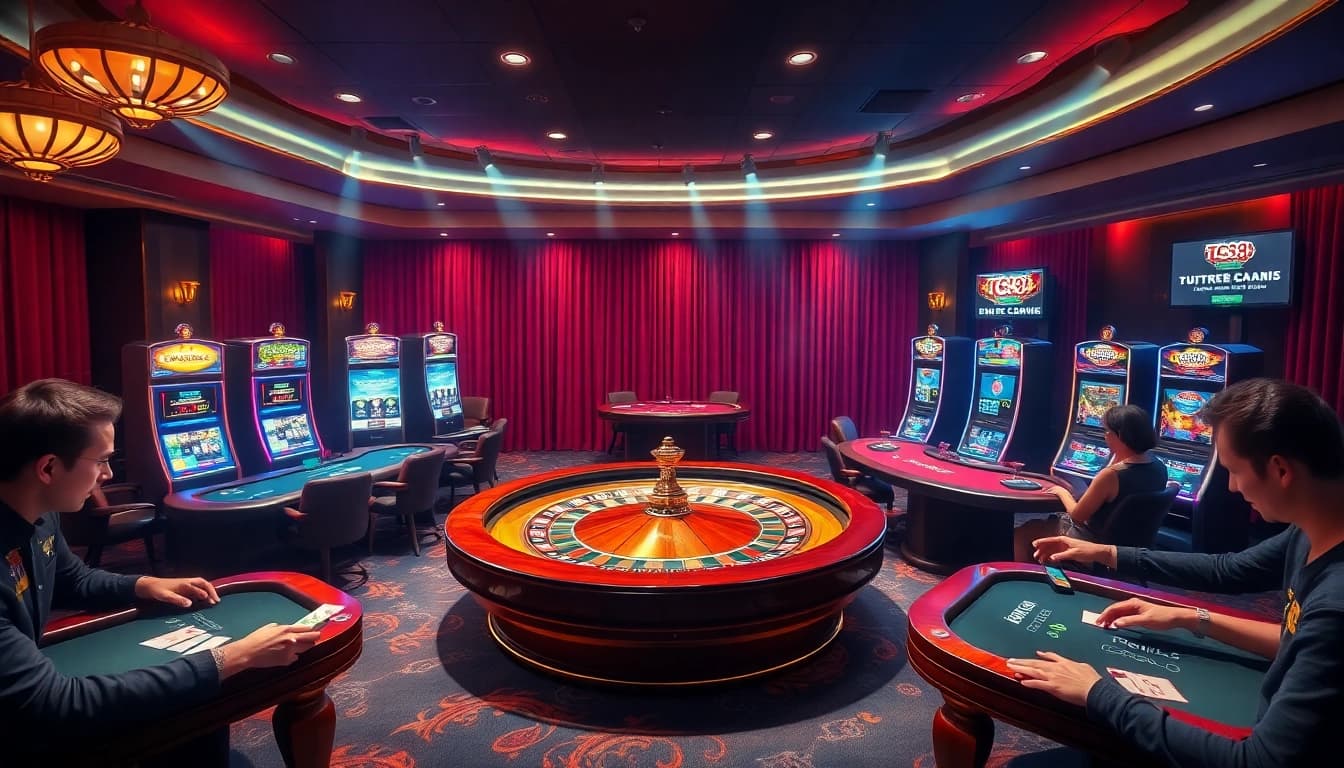 TG88 gaming atmosphere with players at roulette and blackjack tables in a luxurious casino setting.