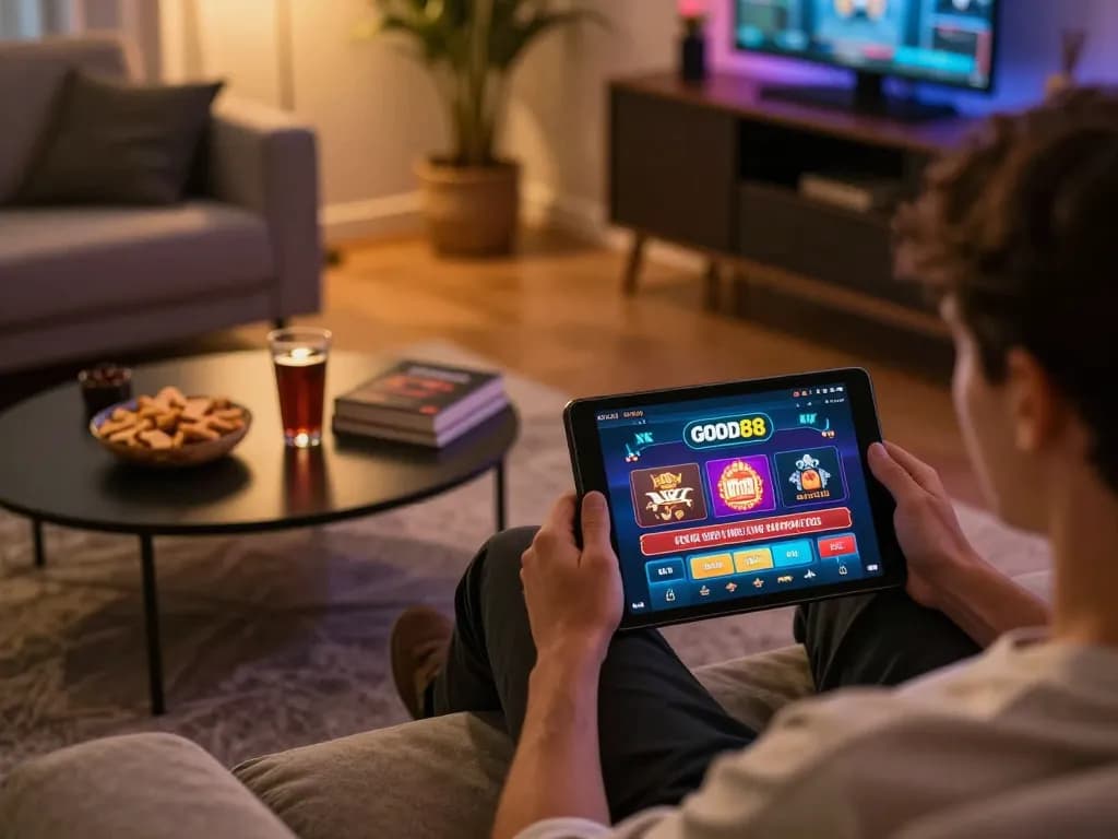 Engaged player using good88 casino app on tablet in a cozy home gaming setup