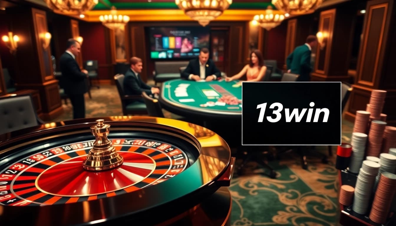 Experience the thrill of gambling at 13win, showcasing a vibrant casino atmosphere with roulette and poker tables.
