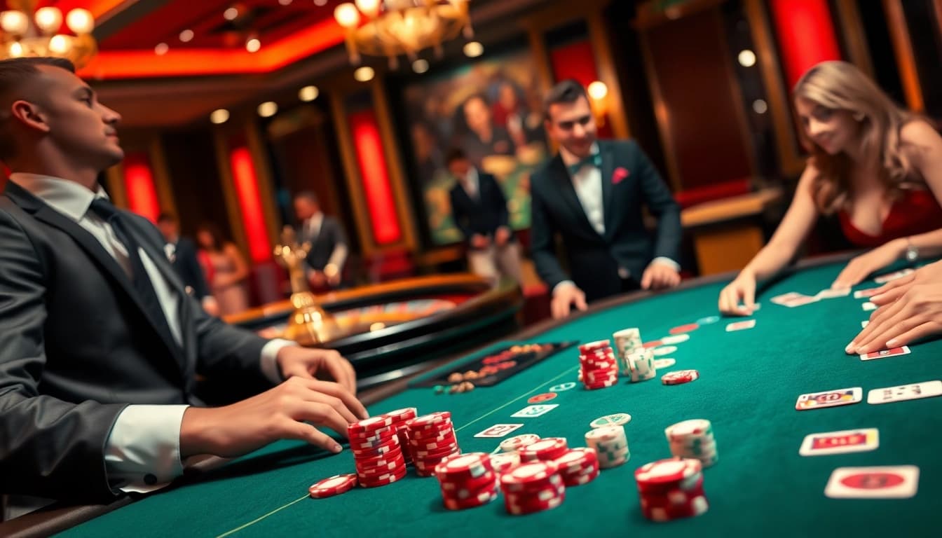 Engage with the thrilling sunwin poker scene, showcasing intense gameplay and elegant casino elements.