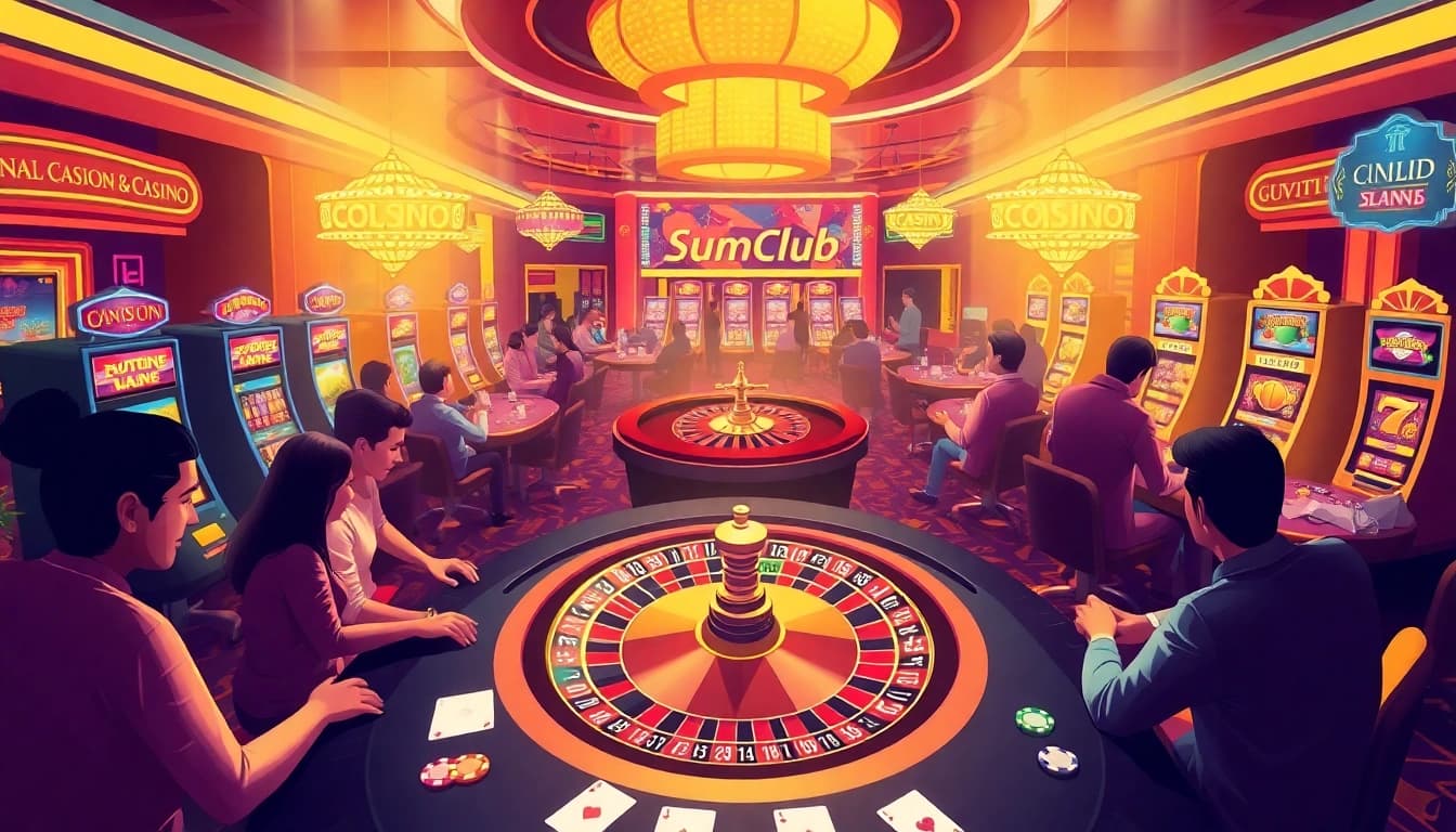 Players engaging in thrilling games at Sumclub's online casino with poker chips and a roulette wheel.