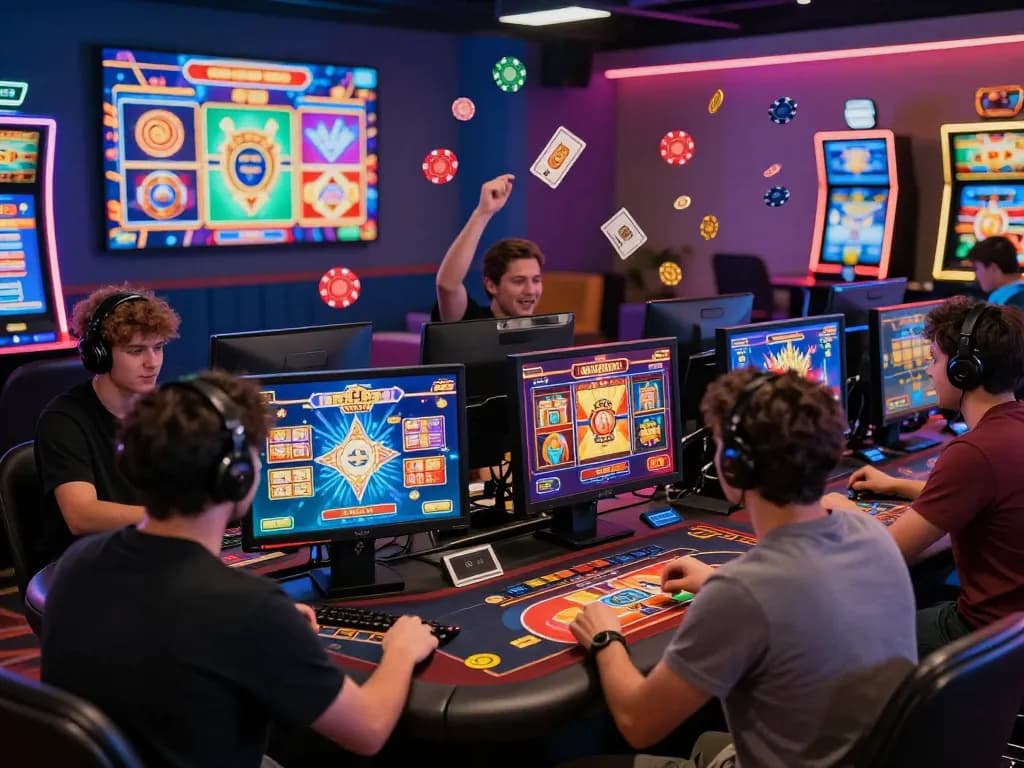 Exciting MM88 online casino gaming environment with players and vibrant screens.