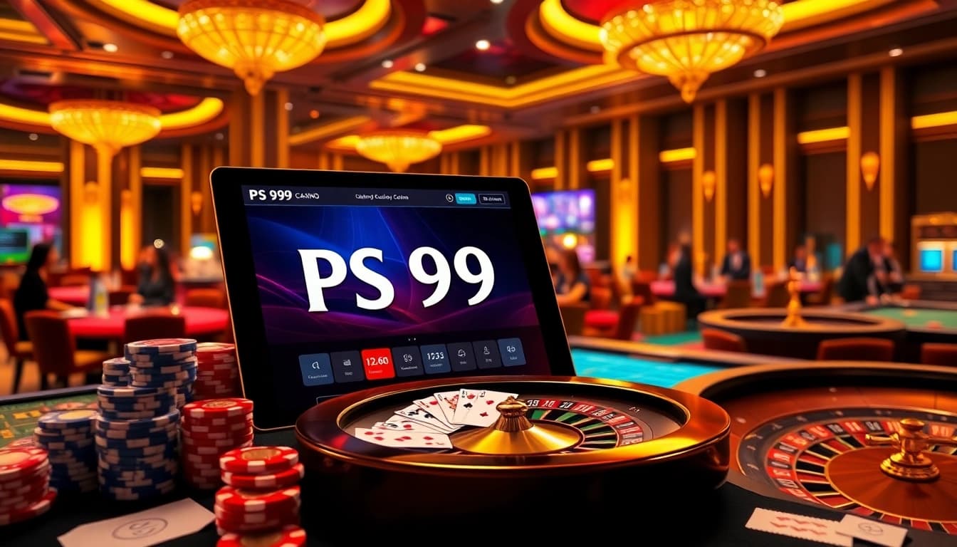 Exciting casino scene featuring PS 99 online gambling with poker chips and roulette wheels.