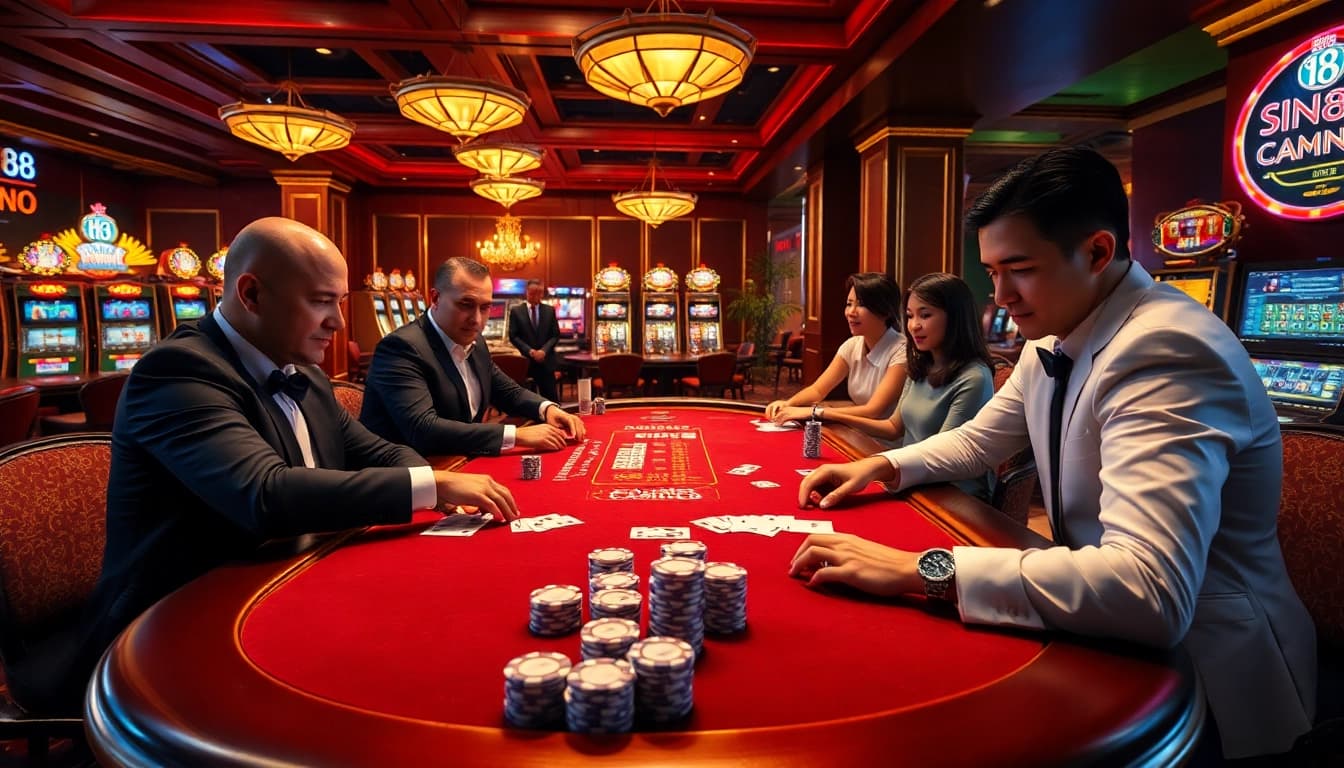 SIN88 casino scene with intense poker gameplay and luxurious atmosphere, showcasing rich furnishings and vibrant slot machines.