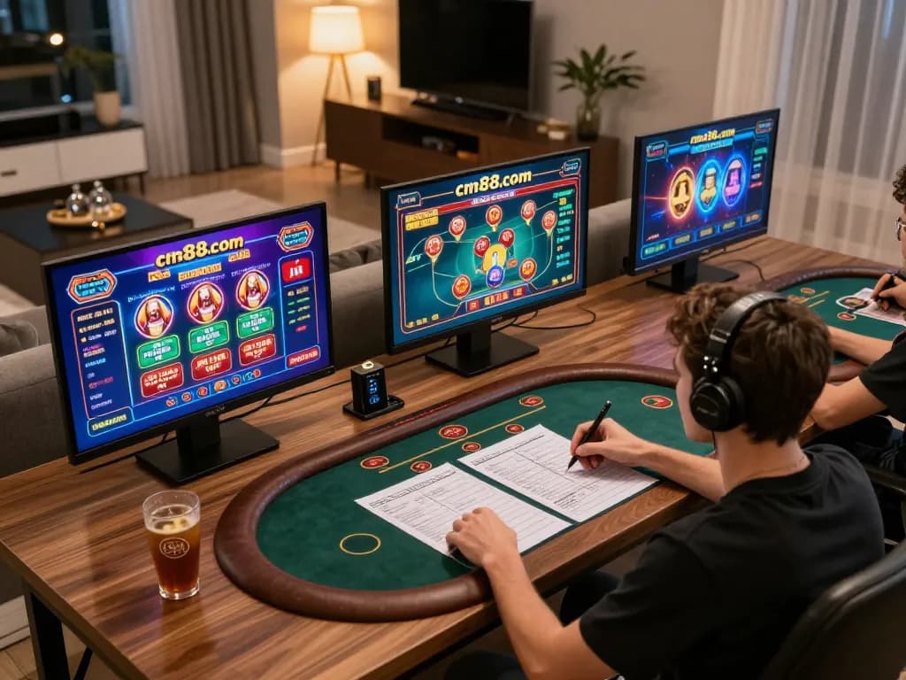 Person engaging in online gambling on cm88.com, stationed at a modern gaming setup with vibrant screens.