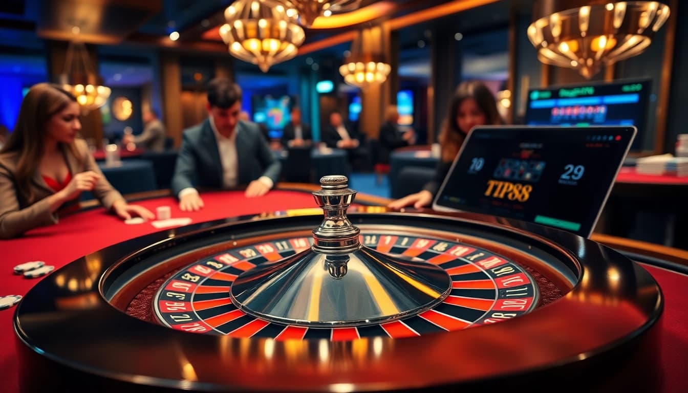 Gamblers engaging with TP88 at a luxurious casino table with roulette wheel and poker chips.