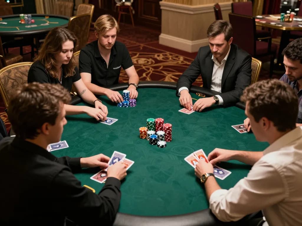 Engaging poker gameplay at EE88 with players strategizing over high-stake hands and vibrant chips.