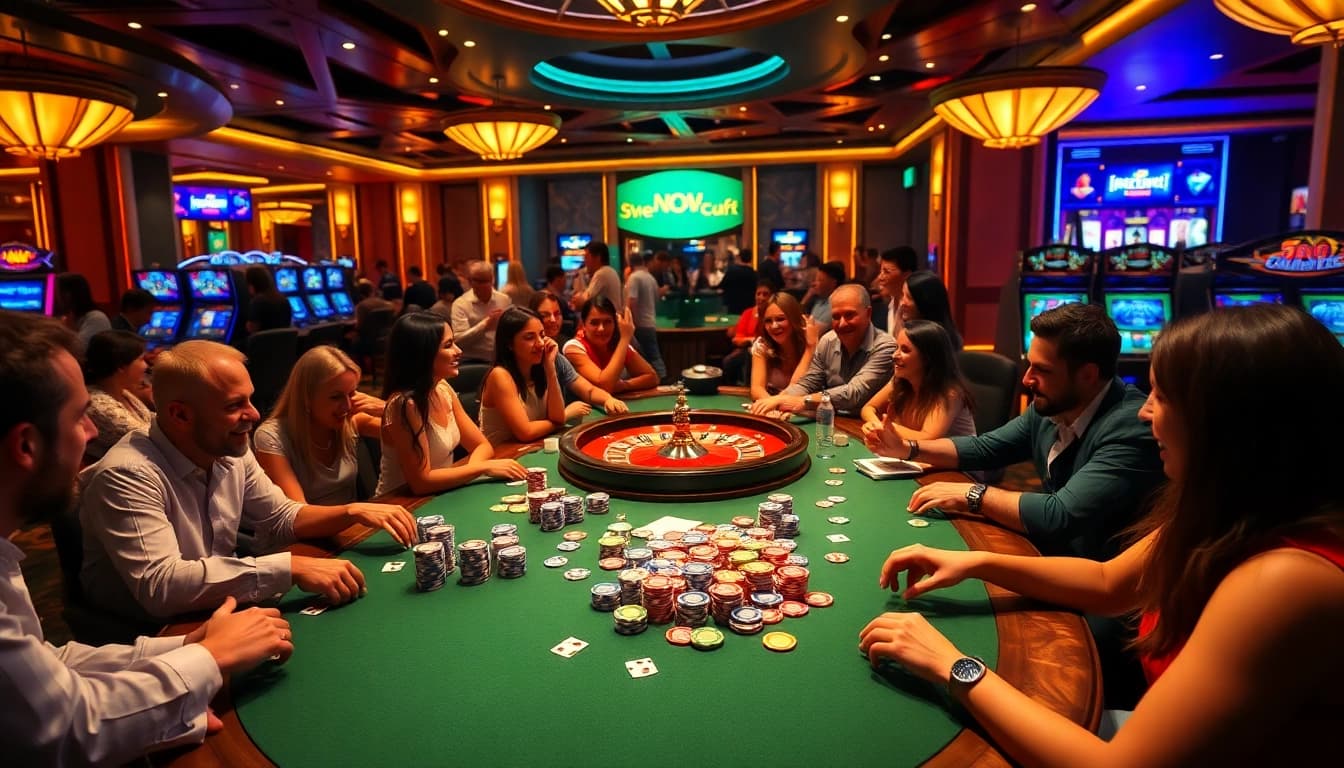 Players at a vibrant poker table enjoying the thrilling experience of gambling at https://jtg88.com/.