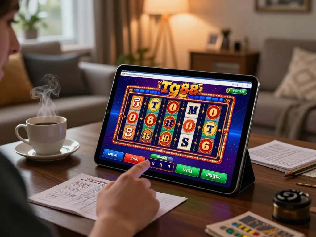 Engaging scene of tg88 racing-themed online slot game on tablet, depicting strategic betting actions in a cozy living room.