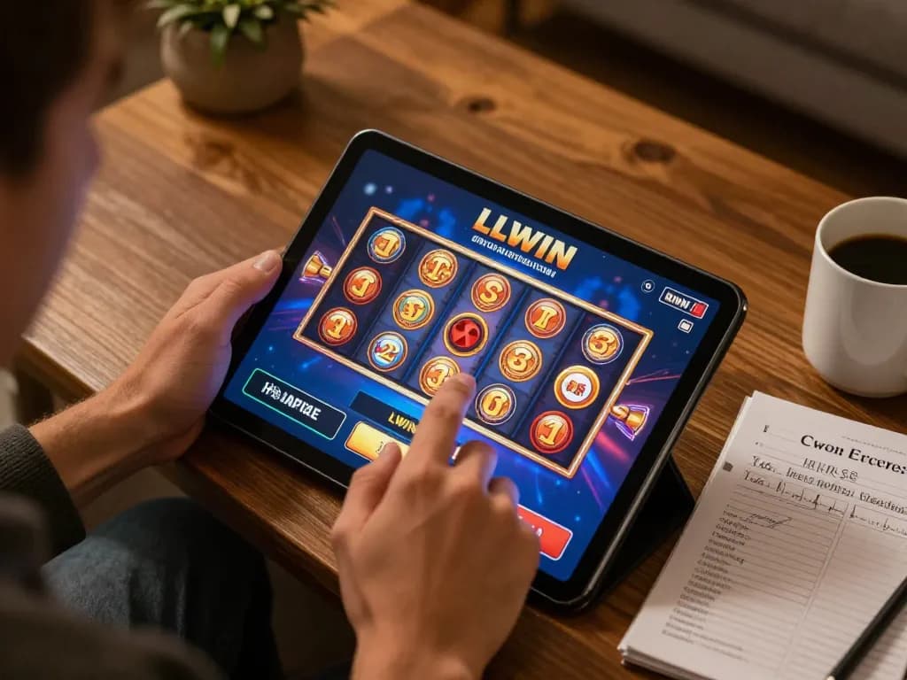 Player enjoying LLWIN mobile casino gaming with vibrant slot graphics.