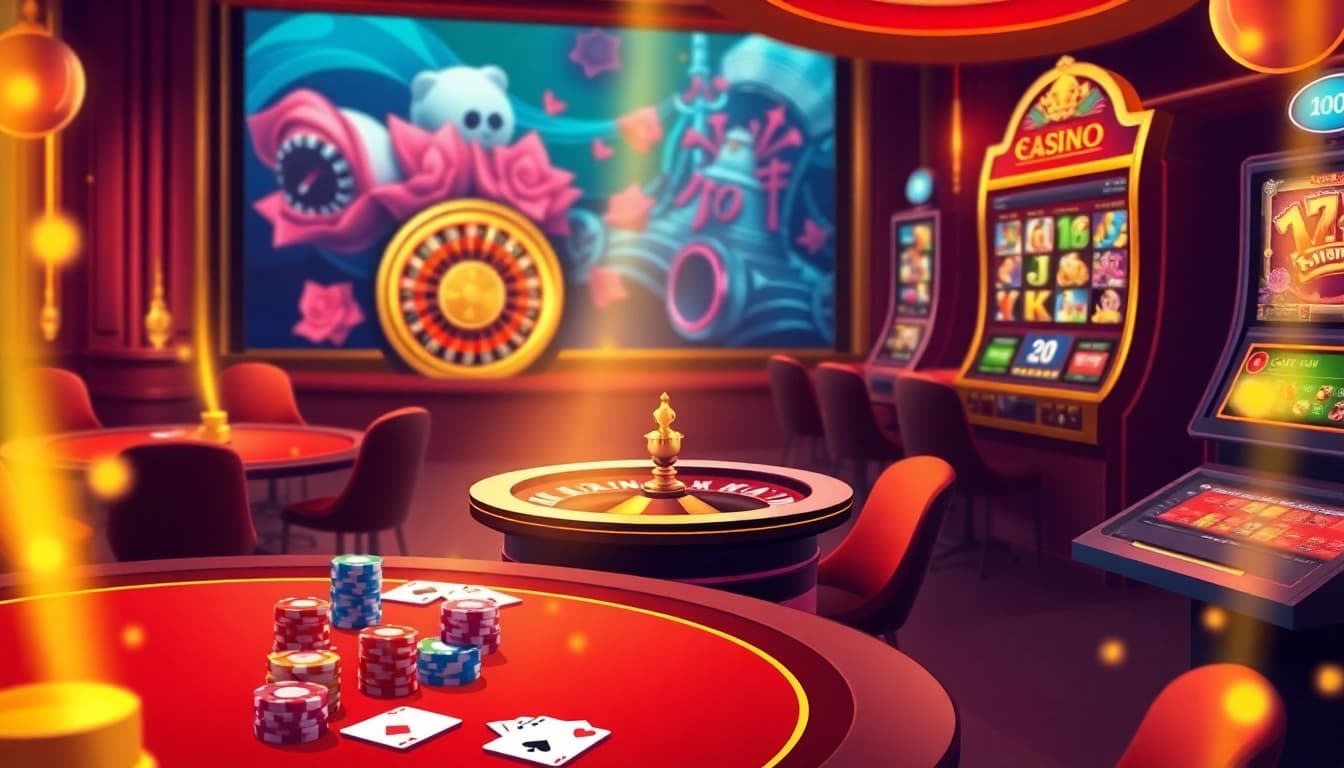 Luckywin online casino scene showcasing vibrant gaming tables, roulette wheels, and digital slot machines.