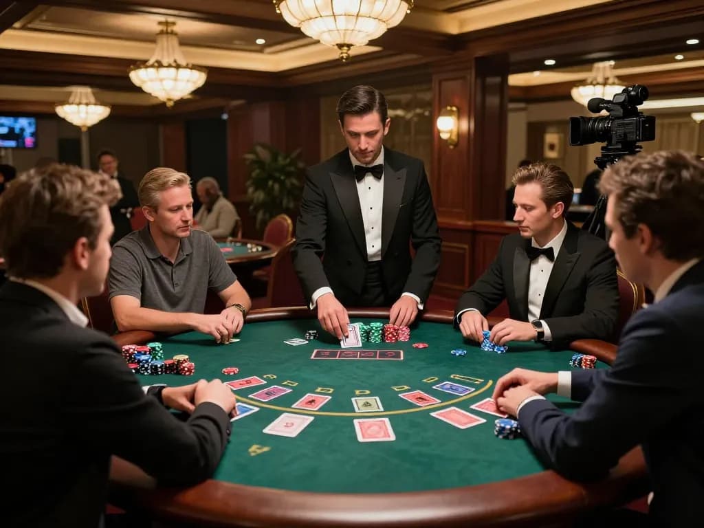 Players strategizing at a blackjack table in a luxury casino, showcasing 32win con with excitement and elegance