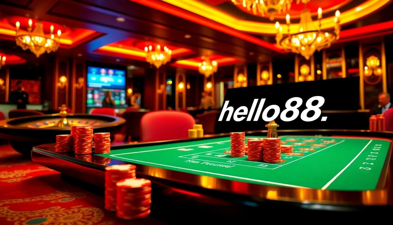 Engaging players at the vibrant casino table showcasing https://hello88.directory/ with poker chips and cards.