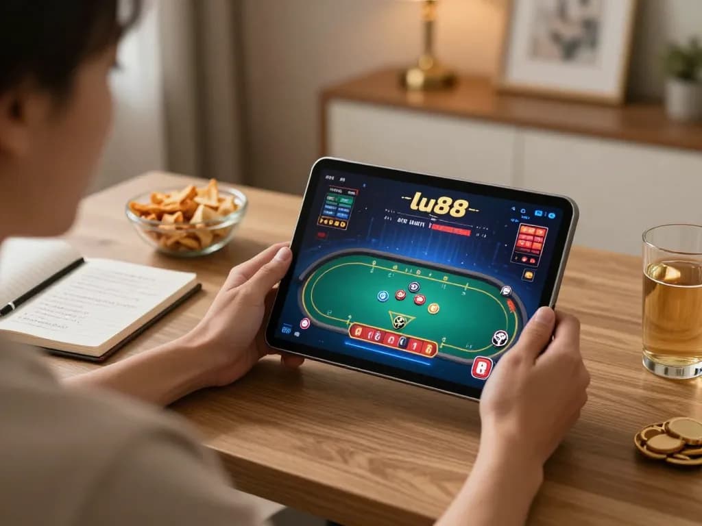 Engaged player enjoying an online lu88 game on tablet, surrounded by betting notes and warm home ambiance.