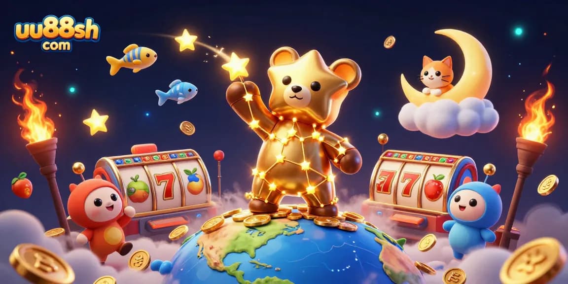 Experience excitement with uu88sh com, featuring a cosmic bear and dynamic casino elements.