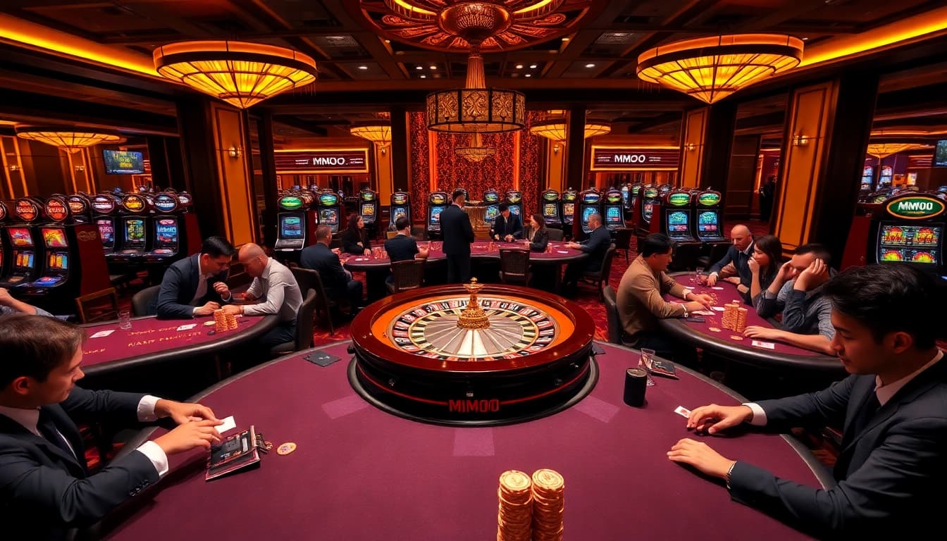 Players engaging in thrilling games at MMOO casino, showcasing vibrant roulette and poker tables.