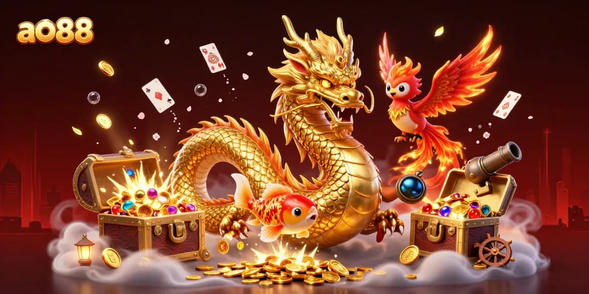 Experience the thrill of ao88 with a fierce dragon, phoenix, and koi fish in a vibrant casino scene.