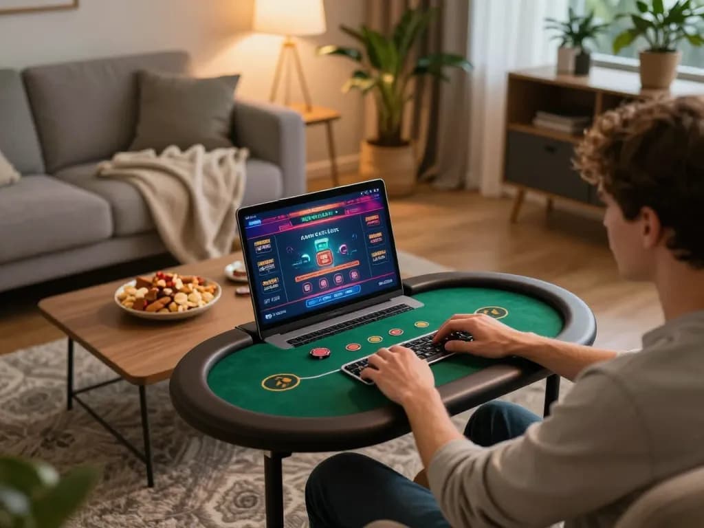 Engaging with online poker at https://sin88.expert/ during a comfortable home gaming session.