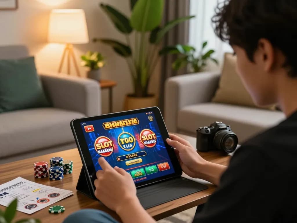 Engaging in Slot Malaysia online gaming with strategy notes on a cozy living room setup.