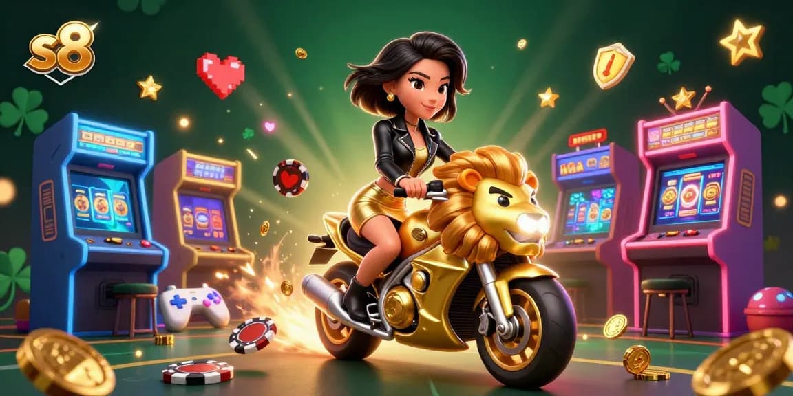 S8 showcases thrilling casino excitement with a glamorous scene featuring a woman on a golden lion mascot amidst vibrant gaming elements.