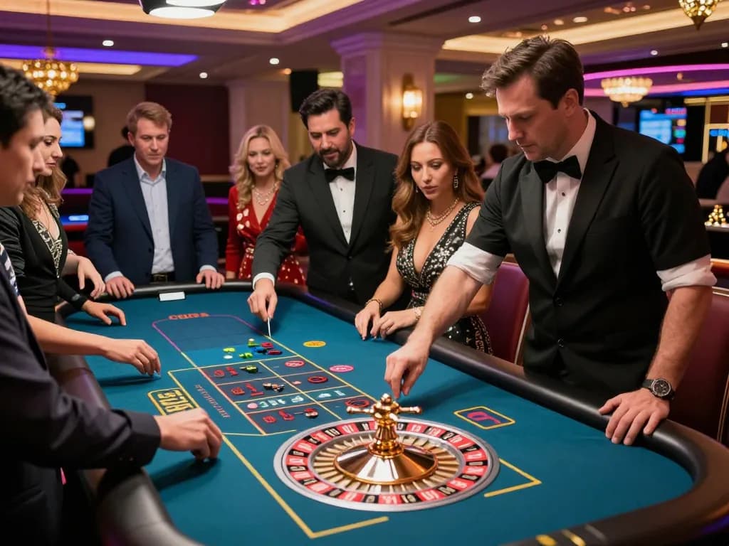 lc88 players enjoying live dealer roulette at an upscale casino, vibrant atmosphere and excitement