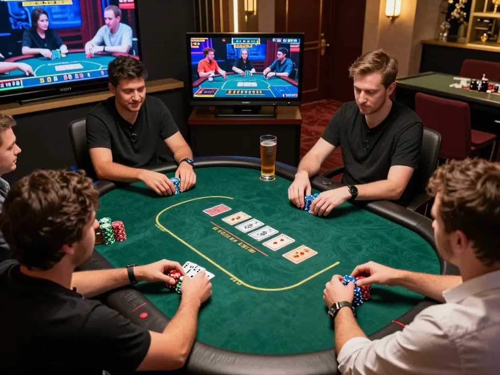 vu88 players engaged in strategic online poker gameplay, showcasing vibrant casino ambiance and live dealer excitement.