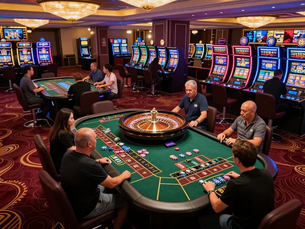 Players enjoying the excitement of gaming at nhà cái 79king casino, with a spinning roulette wheel and vibrant chip placements.