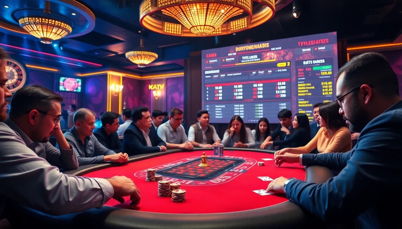 Engaging scene showcasing a lively poker table at https://tylekeonhacai5.plus/ with vibrant chips and game action.