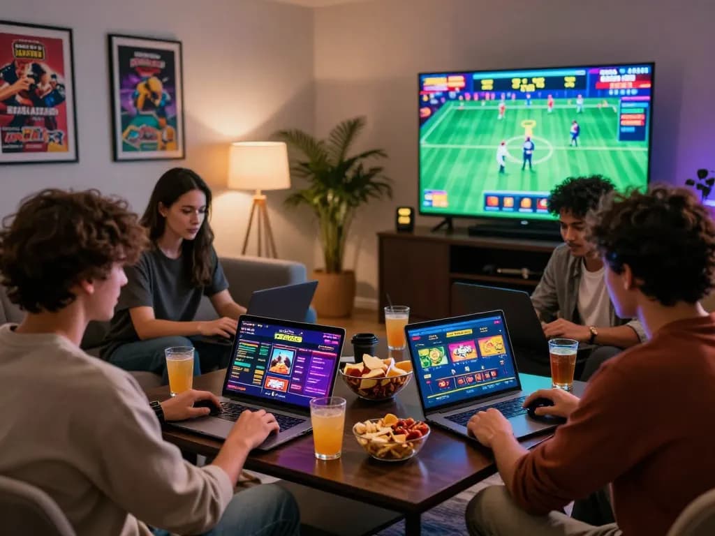Friends enjoying gaming on 789club in a lively home setting, showcasing excitement and interaction.
