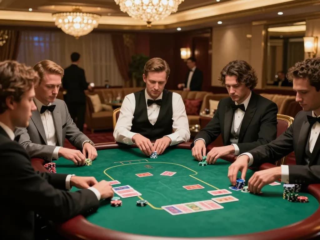GO8 players strategizing during a high-stakes poker game in an upscale casino