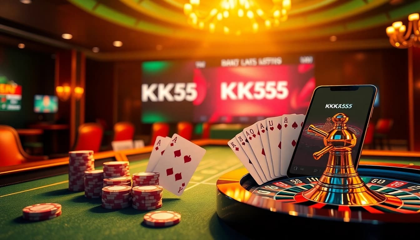 Desfrute da emoção de apostar com a KK55 em uma mesa de cassino luxuosa, com fichas de pôquer vibrantes e uma roleta.