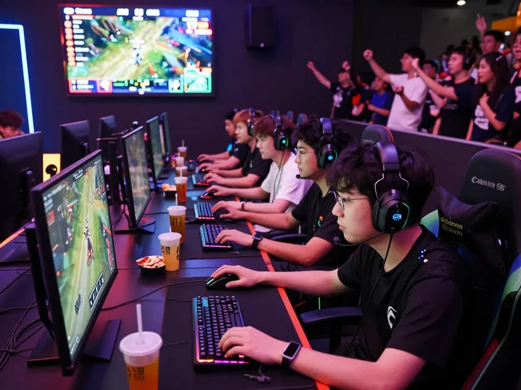 Engaging e-sports competition scene with players focused on screens showcasing rikbet gameplay.