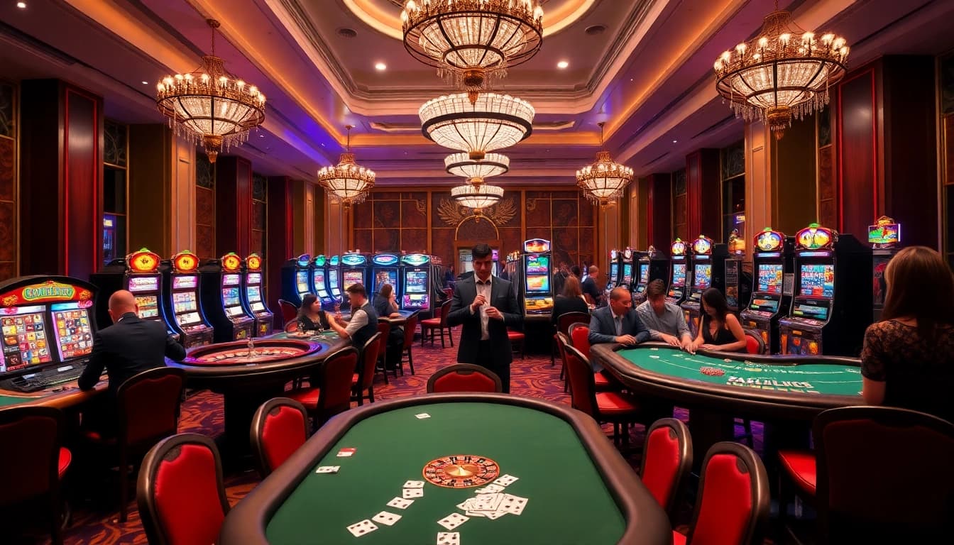Fun88 vibrant casino scene with enthusiastic players and luxurious game tables.