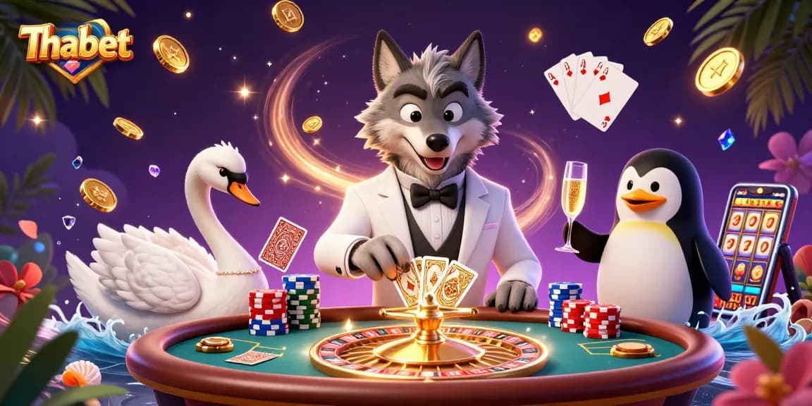 Thabet showcases a 3D casino scene with a debonair wolf, elegant dealer swan, and a champagne-pouring penguin amidst swirling casino elements.
