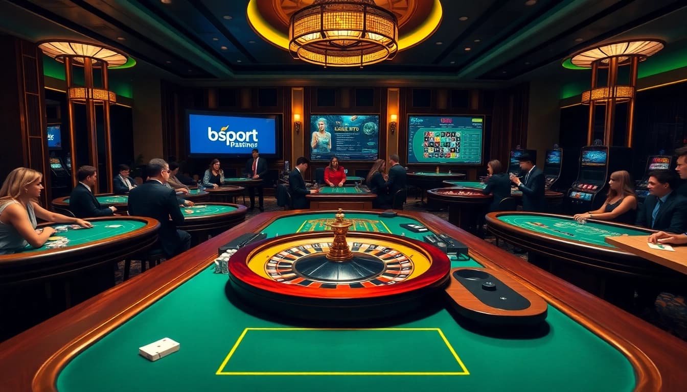 Action-packed casino environment with gambling tables, modern interfaces, and the essence of bsport.