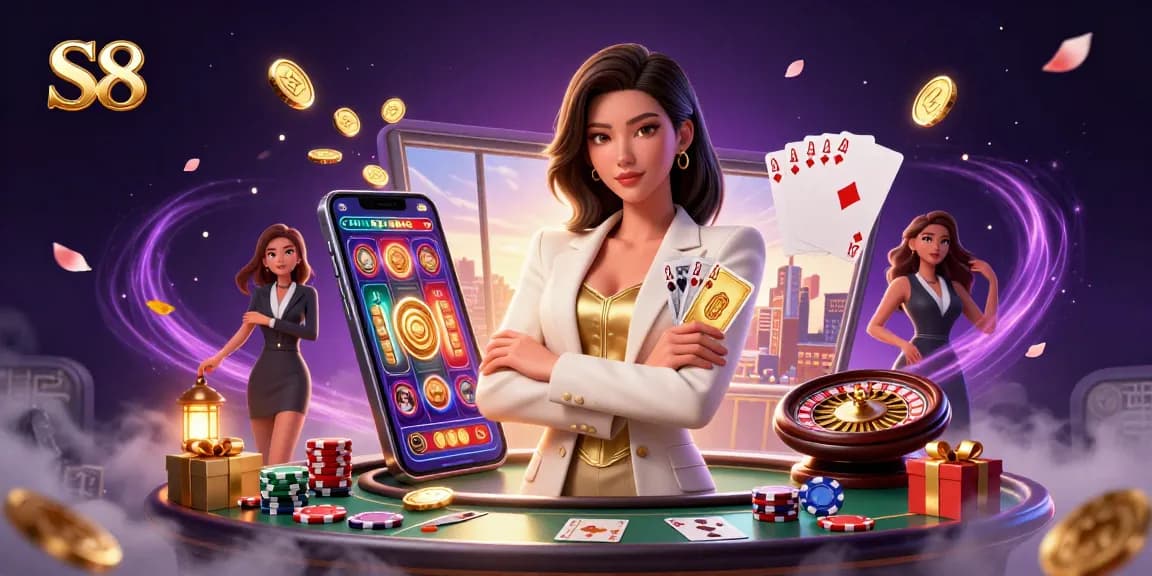 Experience the excitement of S8 with an elegant Asian woman showcasing her poker skills amidst vibrant casino elements.