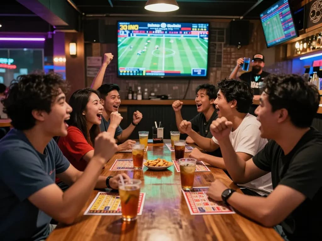 Exciting sports betting scene capturing fans cheering while placing bets on keo nha cai in a lively bar.