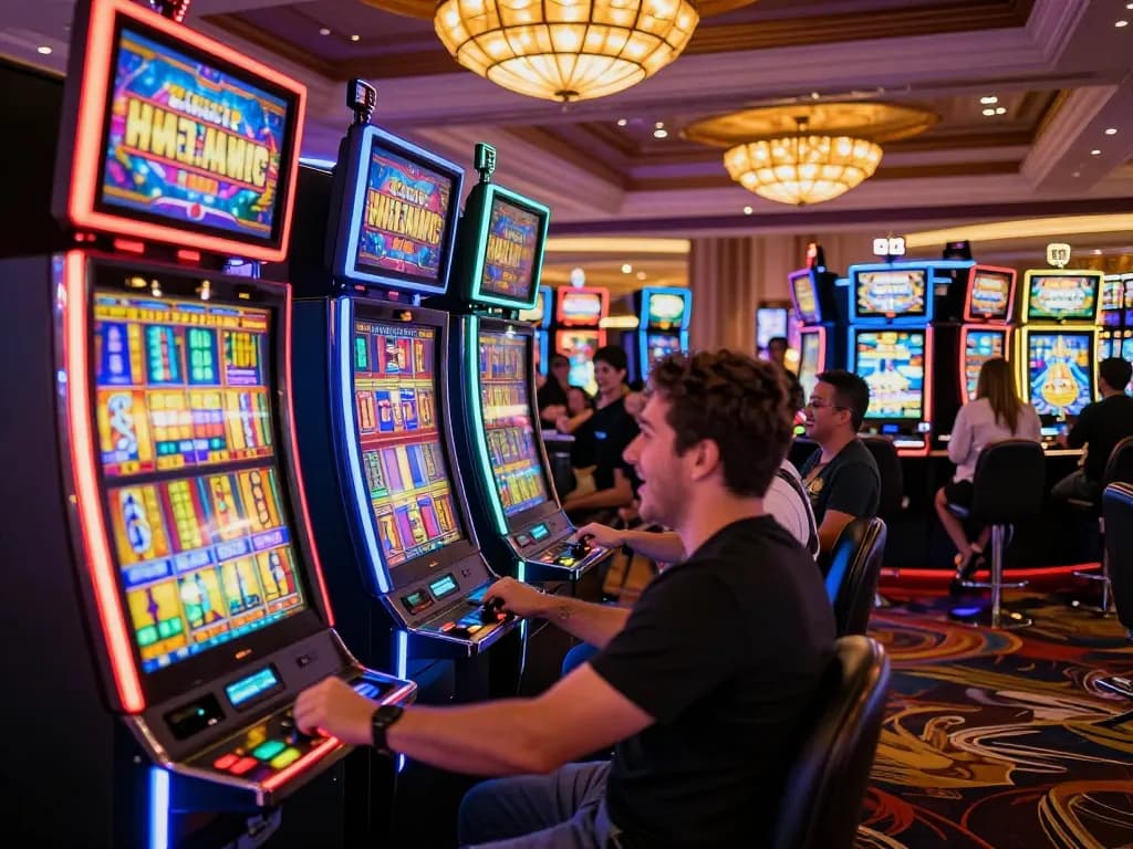 Engaged players enjoying diverse slot machines in an upscale casino environment