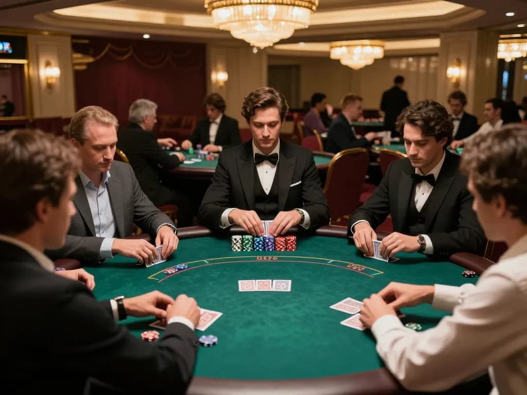 Players engaged in a high-stakes poker game at a luxurious casino, highlighting nk88vip's premier gambling experience.