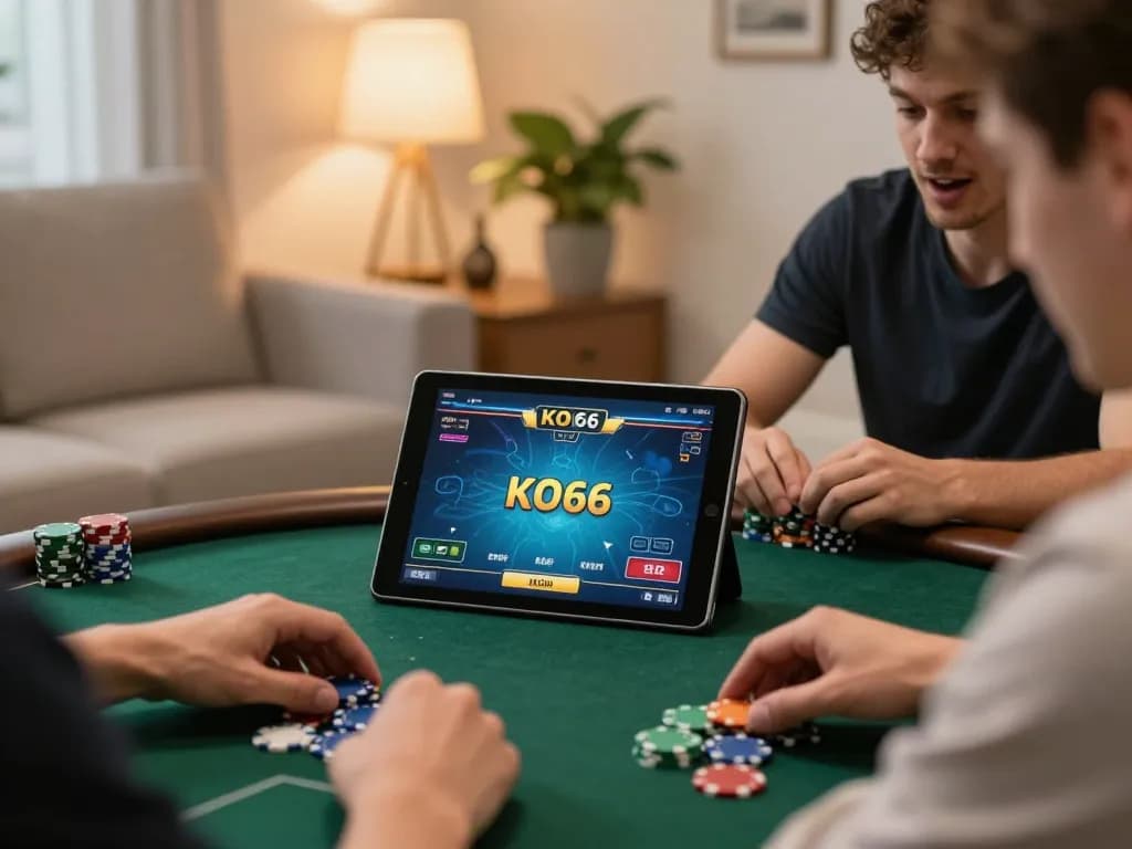 Trải nghiệm chơi poker trực tuyến hấp dẫn trên ứng dụng KO66 với chip và máy tính bảng trong không gian ấm cúng