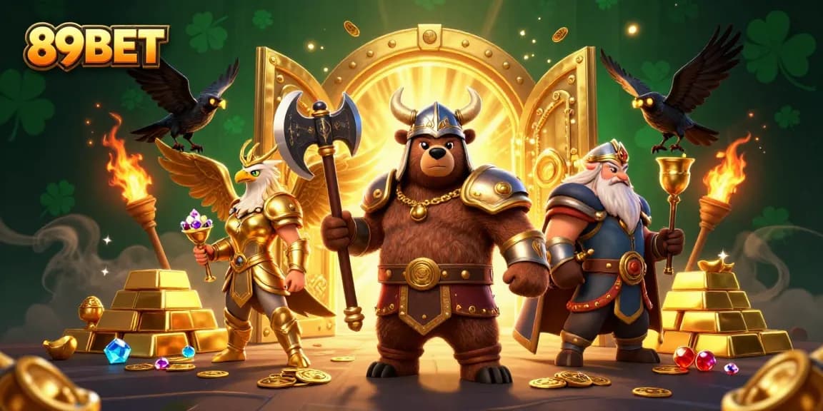 89BET engages players with a vibrant casino scene featuring Viking characters amidst treasure and gold.