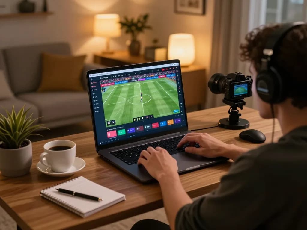Enjoying trực tiếp socolive soccer matches from a cozy home gaming setup with laptop and betting notes.