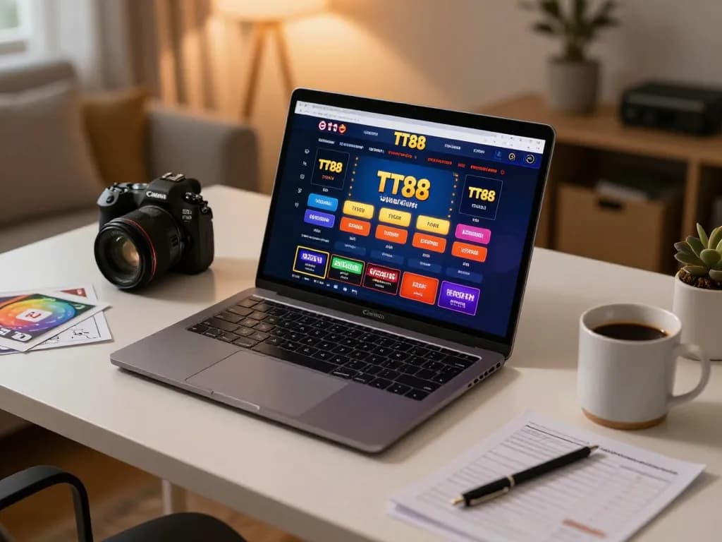 Player engaging with the TT88 casino app on a laptop, showcasing a modern home gaming setup.