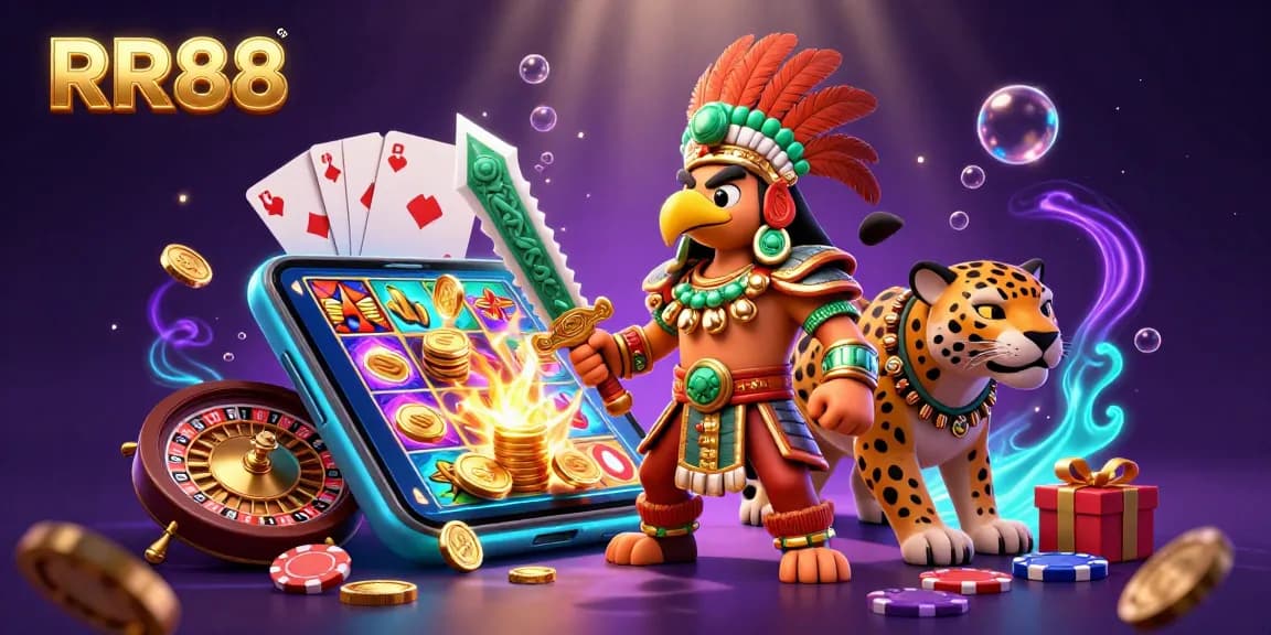Experience thrilling gambling action at RR88 with vibrant characters and dynamic casino elements.
