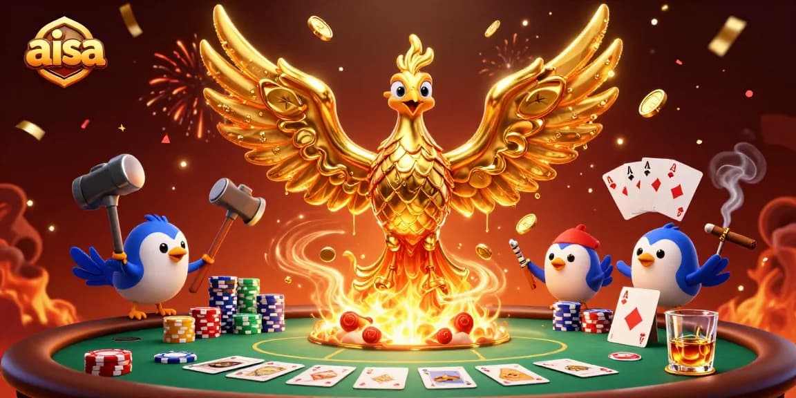 Experience the thrill of aisa as a molten golden phoenix emerges above a poker table filled with vibrant chips and cards.