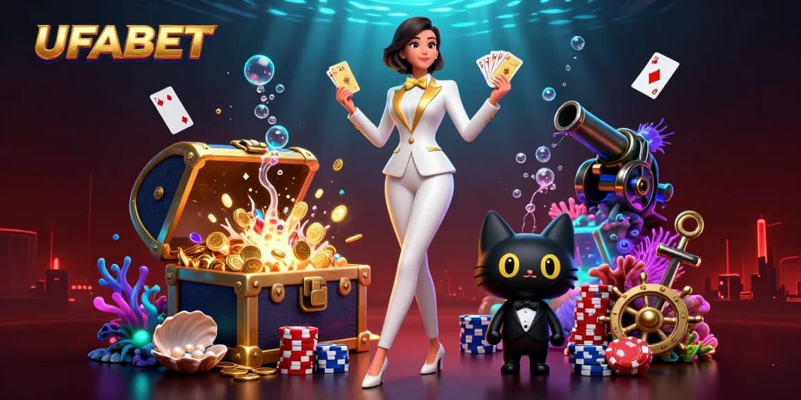 Engage with UFABET's thrilling atmosphere as a glamorous character shuffles cards amidst dynamic casino elements.
