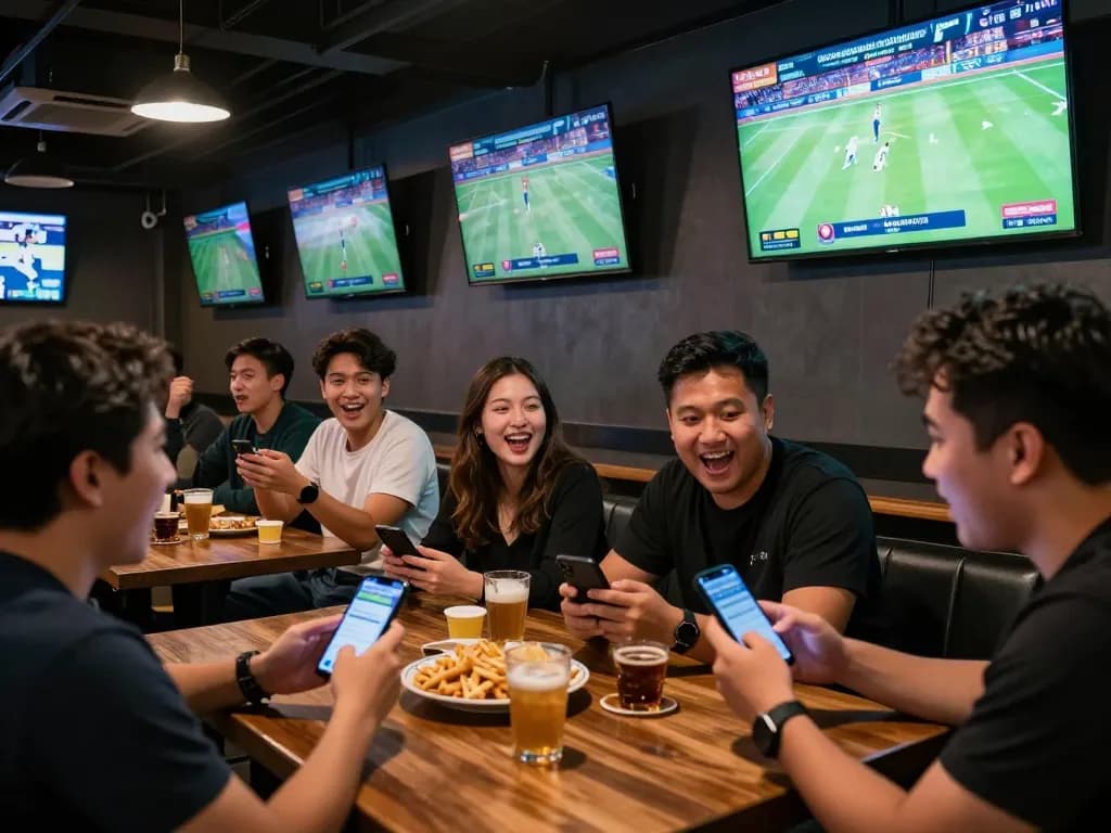 Bongdallu users placing bets while enjoying a thrilling sports viewing experience in a vibrant sports bar.